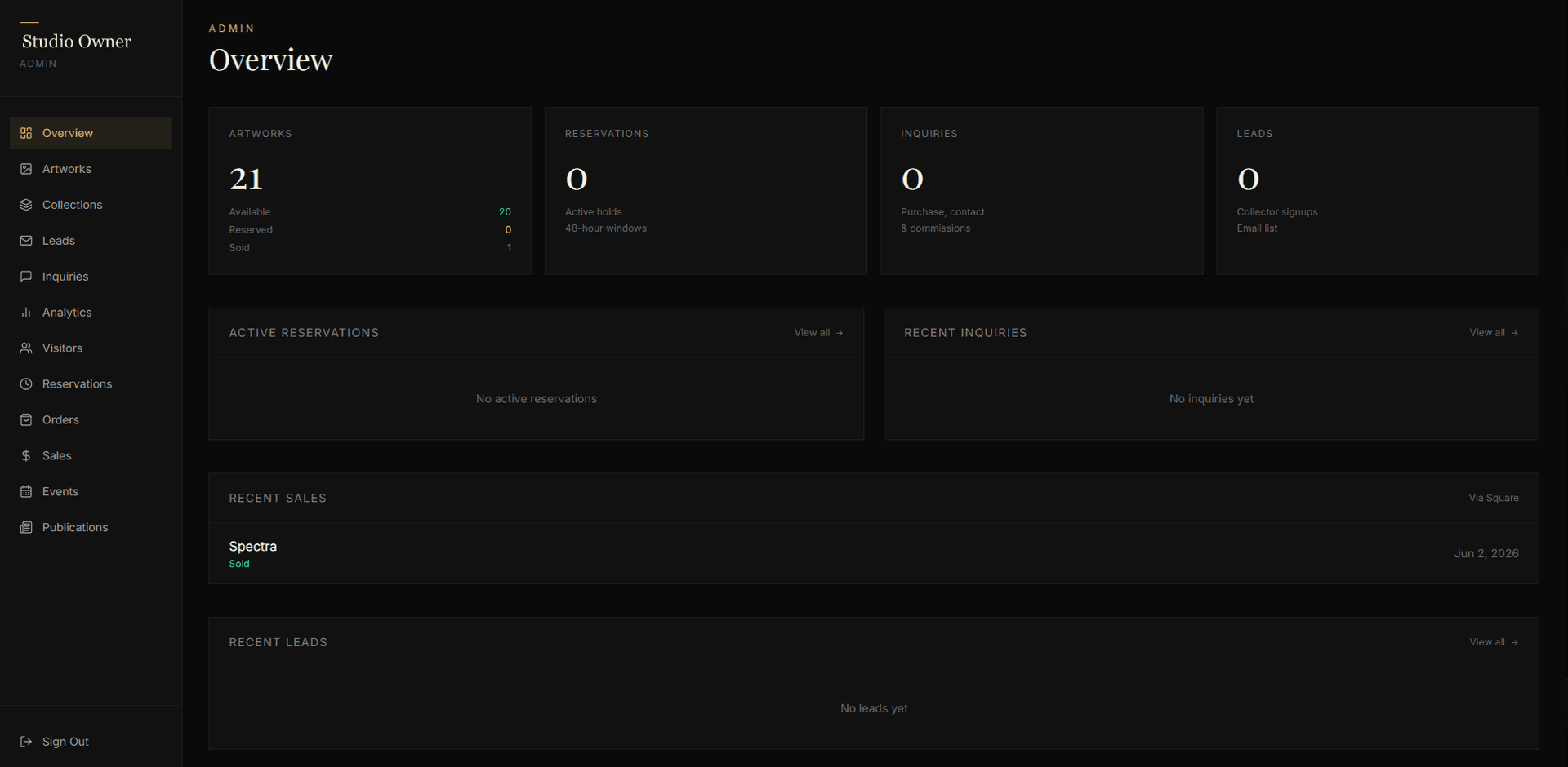 Art gallery admin CRM dashboard